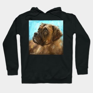 Thick Oil Painting of a Brown Coated Boxer Dog Looking to the Side on Blue Background Hoodie